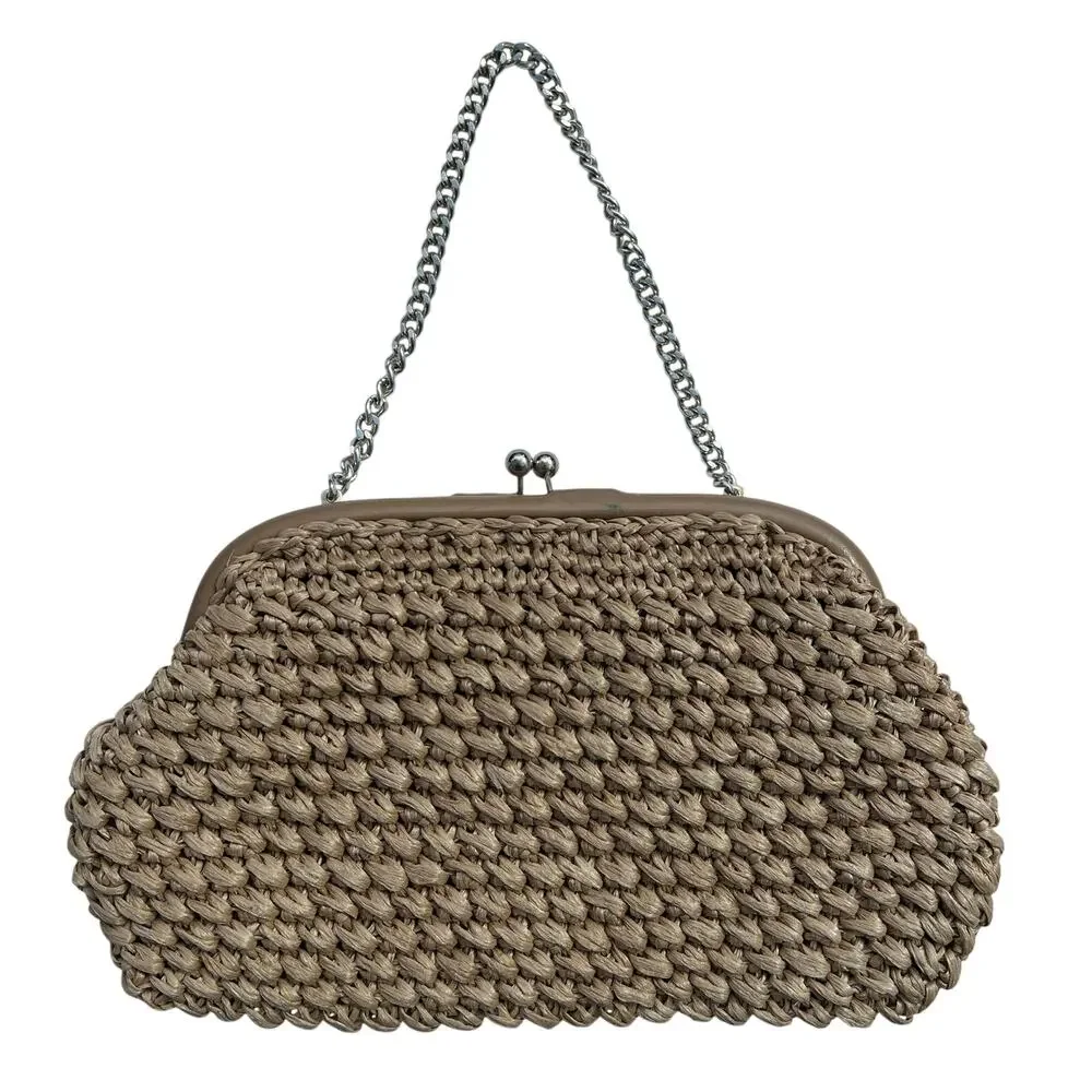 Vintage Handbag Purse Clutch Straw Lined Chain Handle